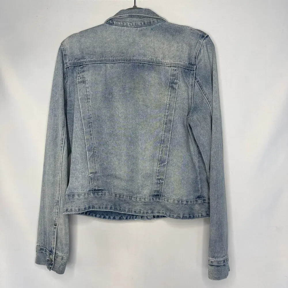 Free People Light Wash Denim Trucker Jacket Women's Size Large L Distressed